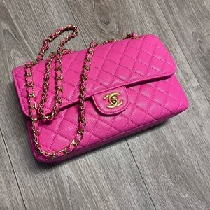 CC Quilted Double Flap Shoulder Bag - Bright Pink with Gold Hardware